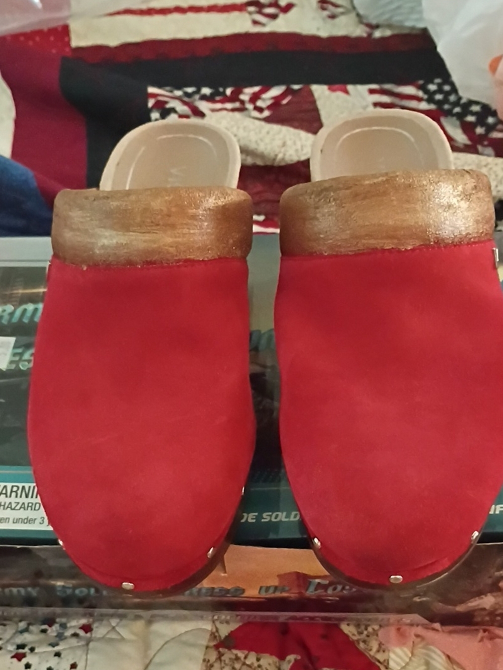 Red Suede Clog Slides with Metallic Gold Trim